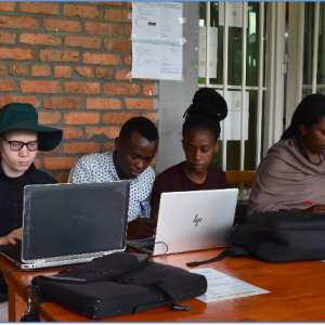 Ms. Bertine Iradukunda (left with glasses) doing group work with her classmates (photo/Vedaste) at INES-Ruhengeri