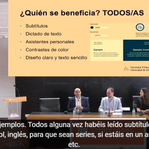 Picture of slide during presentation of Accessibility App: Subtitling and Transcription Tool at the University of Alicante. Lecturers from the Digital Accessibility Unit of the University explain how this tool performs.