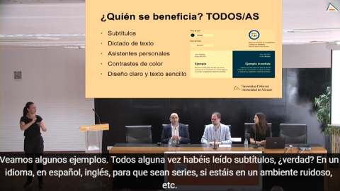 Picture of slide during presentation of Accessibility App: Subtitling and Transcription Tool at the University of Alicante. Lecturers from the Digital Accessibility Unit of the University explain how this tool performs.
